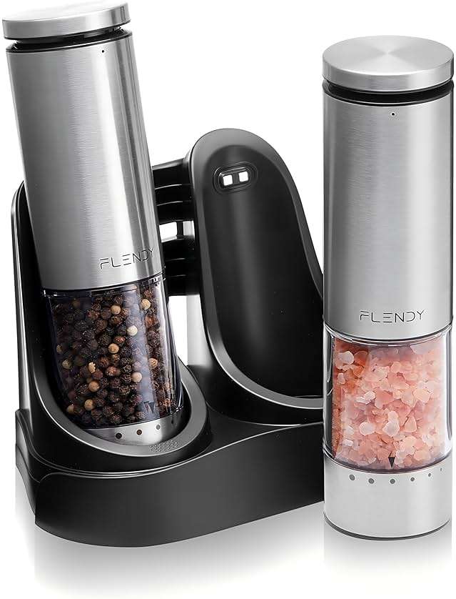 Flendy Electric Salt and Pepper Grinder Set Rechargeable, Automatic Salt and Pepper Grinder Set with Oversized Top Button, Stainless Steel Electric Salt and Pepper Shakers Set - Image 1