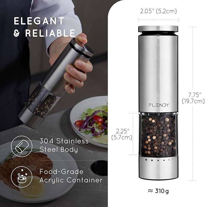 Flendy Electric Salt and Pepper Grinder Set Rechargeable, Automatic Salt and Pepper Grinder Set with Oversized Top Button, Stainless Steel Electric Salt and Pepper Shakers Set - Image 2