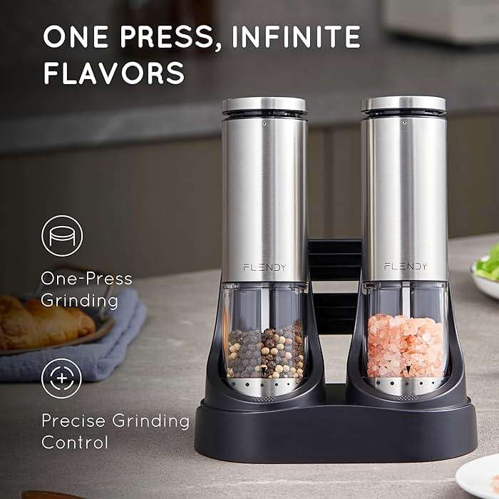 Flendy Electric Salt and Pepper Grinder Set Rechargeable, Automatic Salt and Pepper Grinder Set with Oversized Top Button, Stainless Steel Electric Salt and Pepper Shakers Set - Image 3