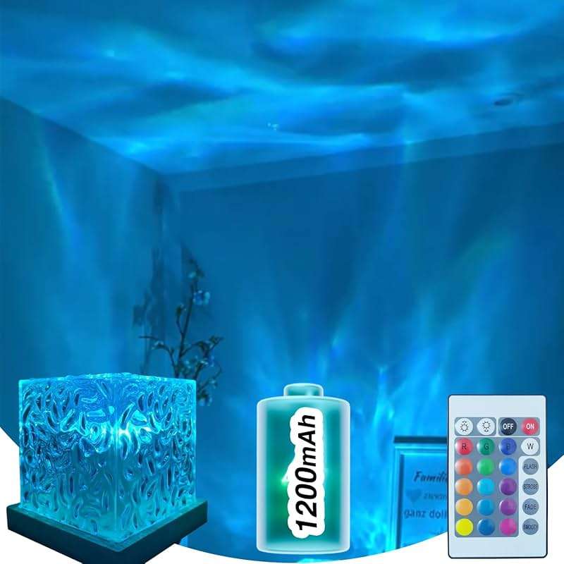 Ocean Wave Projector Light Cordless - Battery Operated Under Water Lamp Cube Northern Lights Aurora Projector Rechargeable Night Light for Shower Bedroom Stress Relief (Wireless) - Image 1
