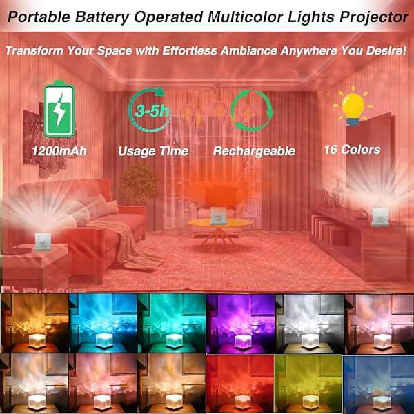 Ocean Wave Projector Light Cordless - Battery Operated Under Water Lamp Cube Northern Lights Aurora Projector Rechargeable Night Light for Shower Bedroom Stress Relief (Wireless) - Image 2