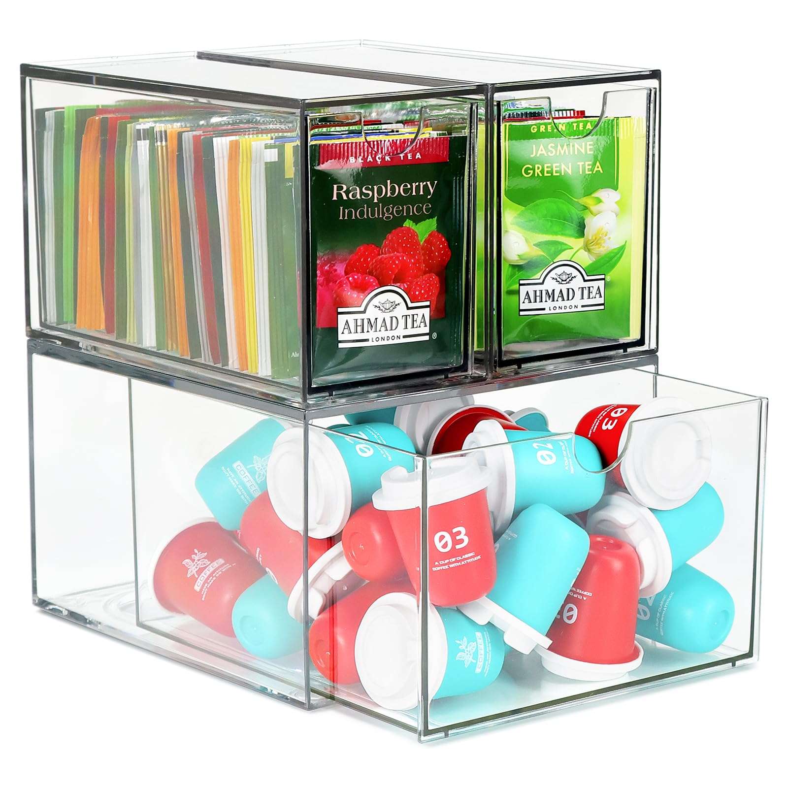 3 Tea and Coffee Organizer and Storage, Acrylic Tea Bag Holder Organizer, Plastic K Cup Drawer Container for Cabinet - Image 1