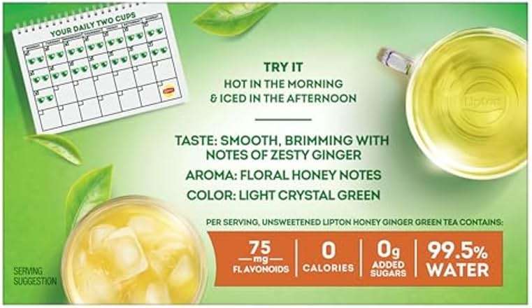 Lipton Honey Ginger Green Tea Bags, Flavored, Unsweetened Teabags for Hot Tea or Iced Tea with Caffeine and Flavonoids, 20 Total Tea Bags - Image 3