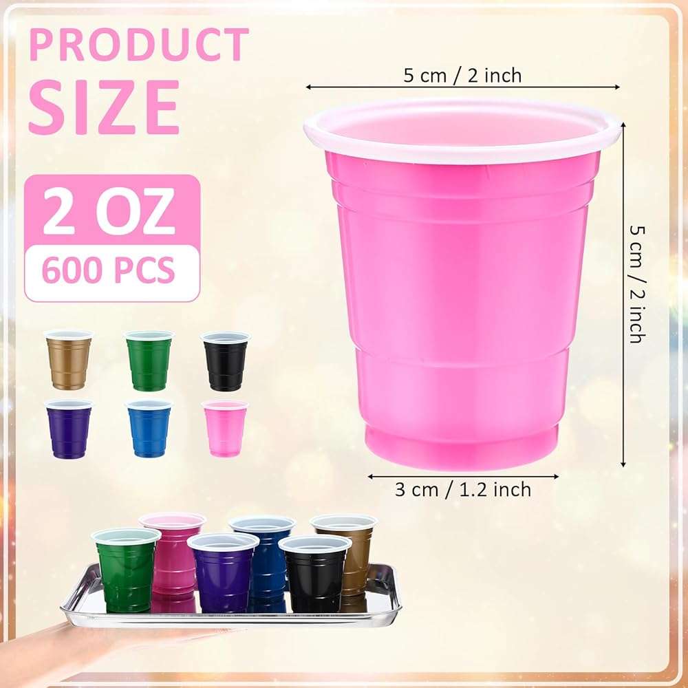 Mimorou 600 Pack 2 Oz Plastic Shot Glasses Disposable Plastic Shot Cups Mini Multicolor Cups for BBQ Christmas Party Tastings Sample Picnic Camping Daily Life Wedding, 6 Colors (Stylish Color) - Image 3