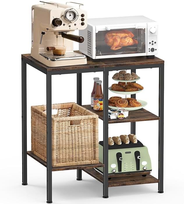 OGEMXU Kitchen Microwave Stand,4-Tier Adjustable Bakers Rack, Microwave Cart with Storage, Small Coffee Bar Table Appliance Shelf for Living Room,Office,Rustic Brown - Product Image
