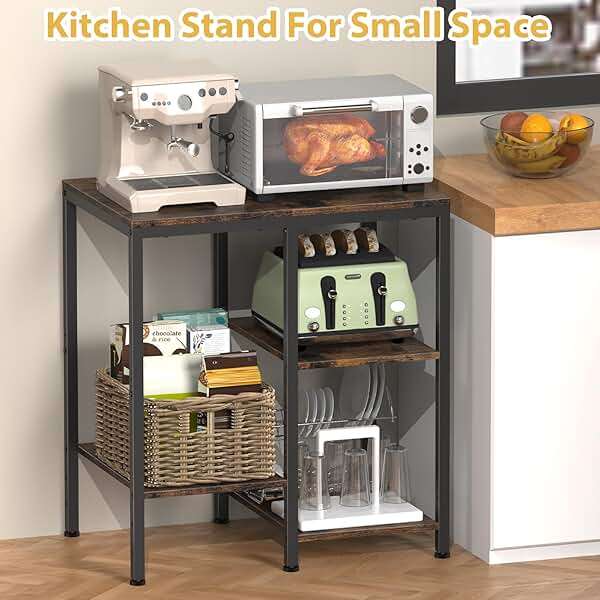 OGEMXU Kitchen Microwave Stand,4-Tier Adjustable Bakers Rack, Microwave Cart with Storage, Small Coffee Bar Table Appliance Shelf for Living Room,Office,Rustic Brown - Image 4