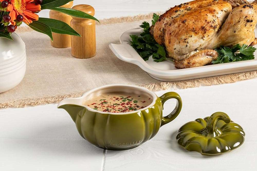 Le Creuset Stoneware Pumpkin Gravy Boat with Lid, 14 oz., Olive - Image 2