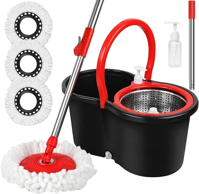 Spin Mop and Bucket with Wringer Set, 360° Spinning Mop Bucket System with 3 Microfiber Mop Replacement Heads Refills,56" Stainless Steel Extended Handle for Floor Cleaning Home(20QT) (Green) (Black) - Product Image