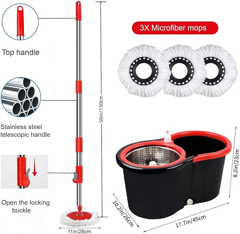 Spin Mop and Bucket with Wringer Set, 360° Spinning Mop Bucket System with 3 Microfiber Mop Replacement Heads Refills,56" Stainless Steel Extended Handle for Floor Cleaning Home(20QT) (Green) (Black) - Image 3