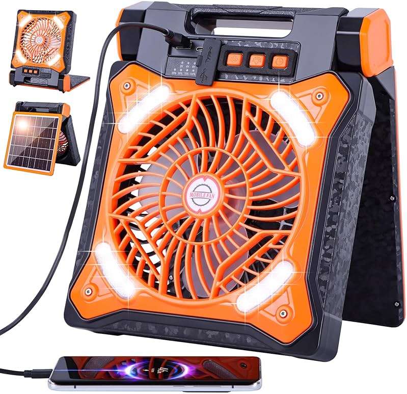 WESTTREE Solar Fan Battery Powered Rechargeable Solar Camping Fan with Led Lantern Power Bank Foldable Angle USB Personal Fans for Travel Outdoor CampingTents camping essentials X98 Orange - Image 1