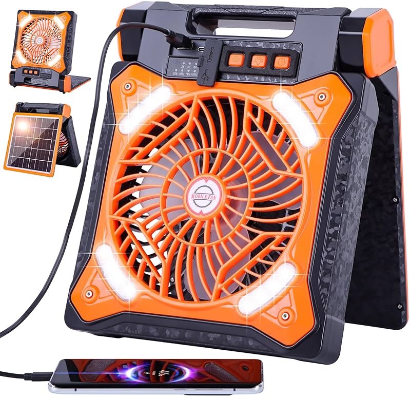 WESTTREE Solar Fan Battery Powered Rechargeable Solar Camping Fan with Led Lantern Power Bank Foldable Angle USB Personal Fans for Travel Outdoor CampingTents camping essentials X98 Orange - Product Image