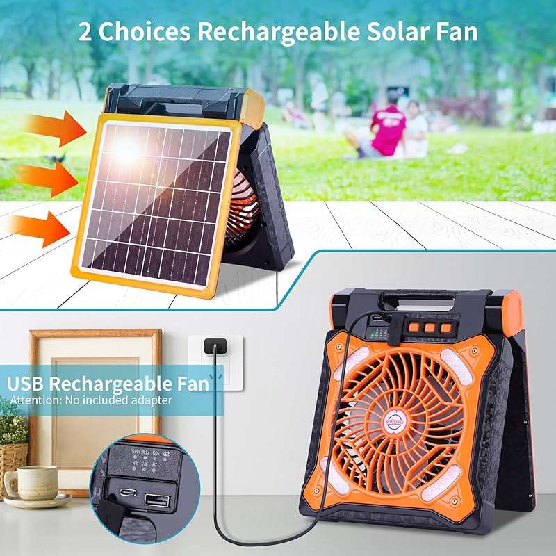 WESTTREE Solar Fan Battery Powered Rechargeable Solar Camping Fan with Led Lantern Power Bank Foldable Angle USB Personal Fans for Travel Outdoor CampingTents camping essentials X98 Orange - Image 3