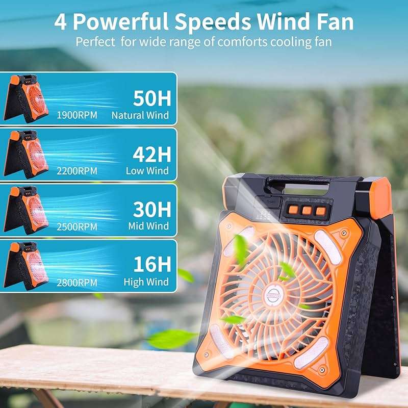 WESTTREE Solar Fan Battery Powered Rechargeable Solar Camping Fan with Led Lantern Power Bank Foldable Angle USB Personal Fans for Travel Outdoor CampingTents camping essentials X98 Orange - Image 5