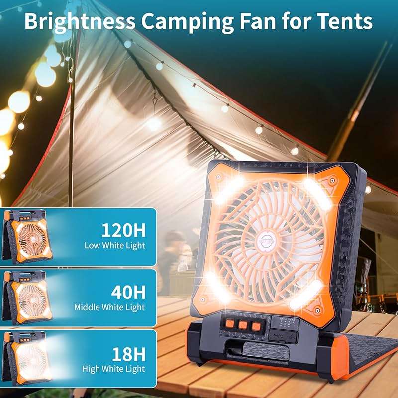 WESTTREE Solar Fan Battery Powered Rechargeable Solar Camping Fan with Led Lantern Power Bank Foldable Angle USB Personal Fans for Travel Outdoor CampingTents camping essentials X98 Orange - Image 6
