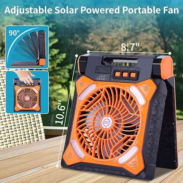 WESTTREE Solar Fan Battery Powered Rechargeable Solar Camping Fan with Led Lantern Power Bank Foldable Angle USB Personal Fans for Travel Outdoor CampingTents camping essentials X98 Orange - Image 7