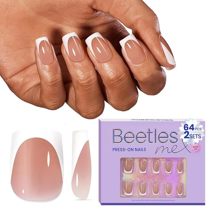 Beetles Short Square French Tip Press On Nails Brown 64 Pcs Pre-Shaped Fake Nails Reusable Nail Kit with Quick-drying Nail Glue Mini Manicure File DIY Home Salon in 16 Sizes Gifts for Women Girls - Product Image