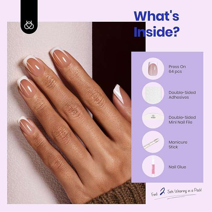 Beetles Short Square French Tip Press On Nails Brown 64 Pcs Pre-Shaped Fake Nails Reusable Nail Kit with Quick-drying Nail Glue Mini Manicure File DIY Home Salon in 16 Sizes Gifts for Women Girls - Image 3