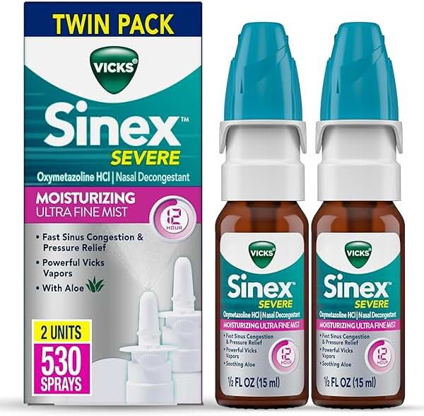 Vicks Sinex Severe Nasal Spray, Moisturizing Ultra Fine Mist with Aloe, Decongestant Medicine, Relief from Stuffy Nose Due to Cold or Allergy, Nasal Congestion & Sinus Pressure Relief, 265 Sprays x 2 - Product Image