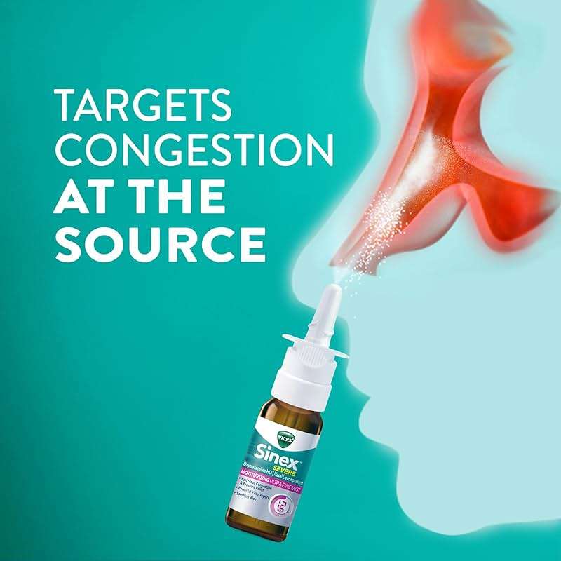 Vicks Sinex Severe Nasal Spray, Moisturizing Ultra Fine Mist with Aloe, Decongestant Medicine, Relief from Stuffy Nose Due to Cold or Allergy, Nasal Congestion & Sinus Pressure Relief, 265 Sprays x 2 - Image 3