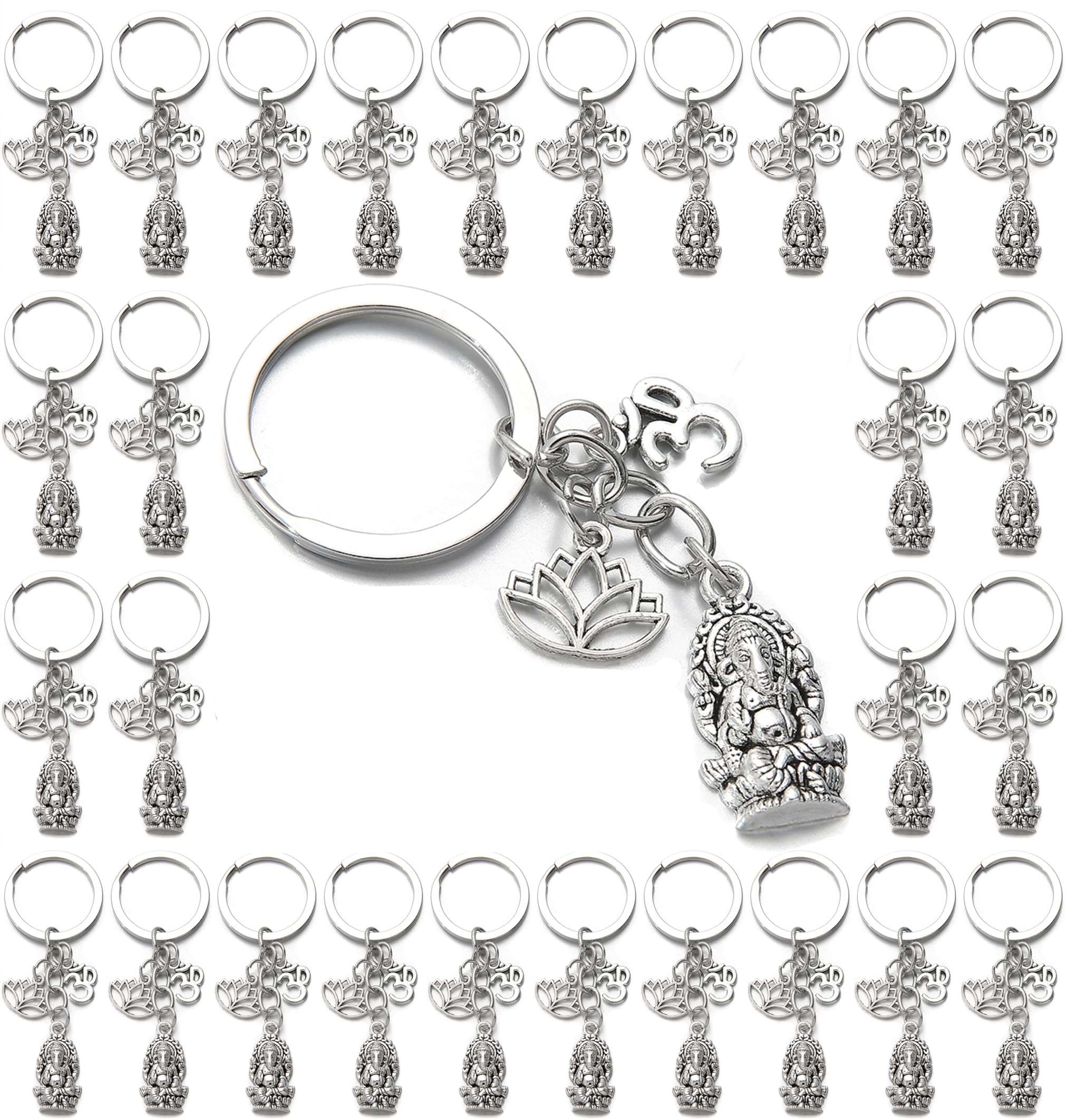 PHAETON 20PCS Ganesha Keychain with Lotus Charm Buddha Key Ring Key Holder Buddha Keychain, God Of Wealth Elephant Keychain for Festive Occasions, 3.18inch, Silver - Image 1