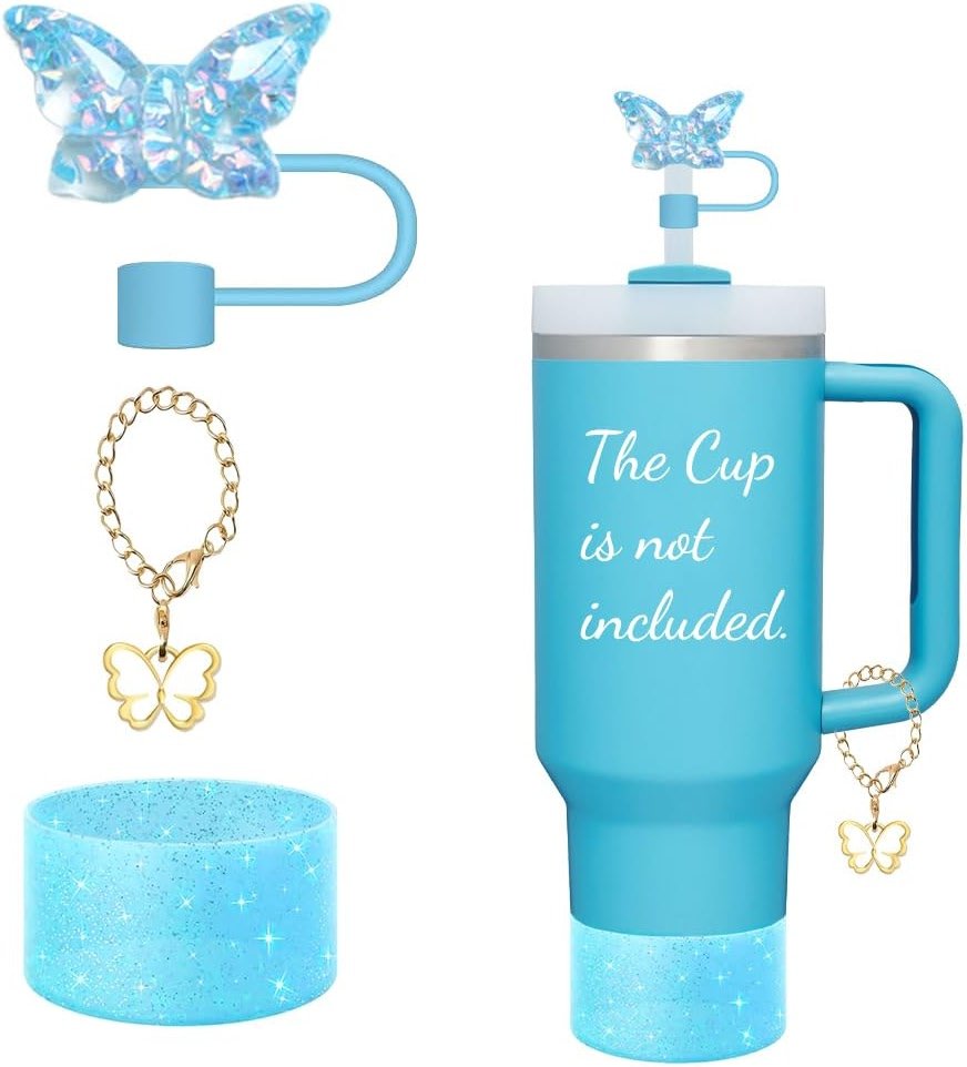 3PCS Butterfly Straw Topper Accessories for Stanley,Including 1pc Bling Straw cover for 30 40 oz Tumbler with Handle,1PC Shiny Boot and 1PC Charm Chain Decor for Water Bottle Personalized Tags(Blue) - Product Image