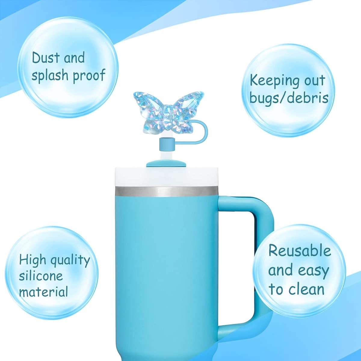 3PCS Butterfly Straw Topper Accessories for Stanley,Including 1pc Bling Straw cover for 30 40 oz Tumbler with Handle,1PC Shiny Boot and 1PC Charm Chain Decor for Water Bottle Personalized Tags(Blue) - Image 3