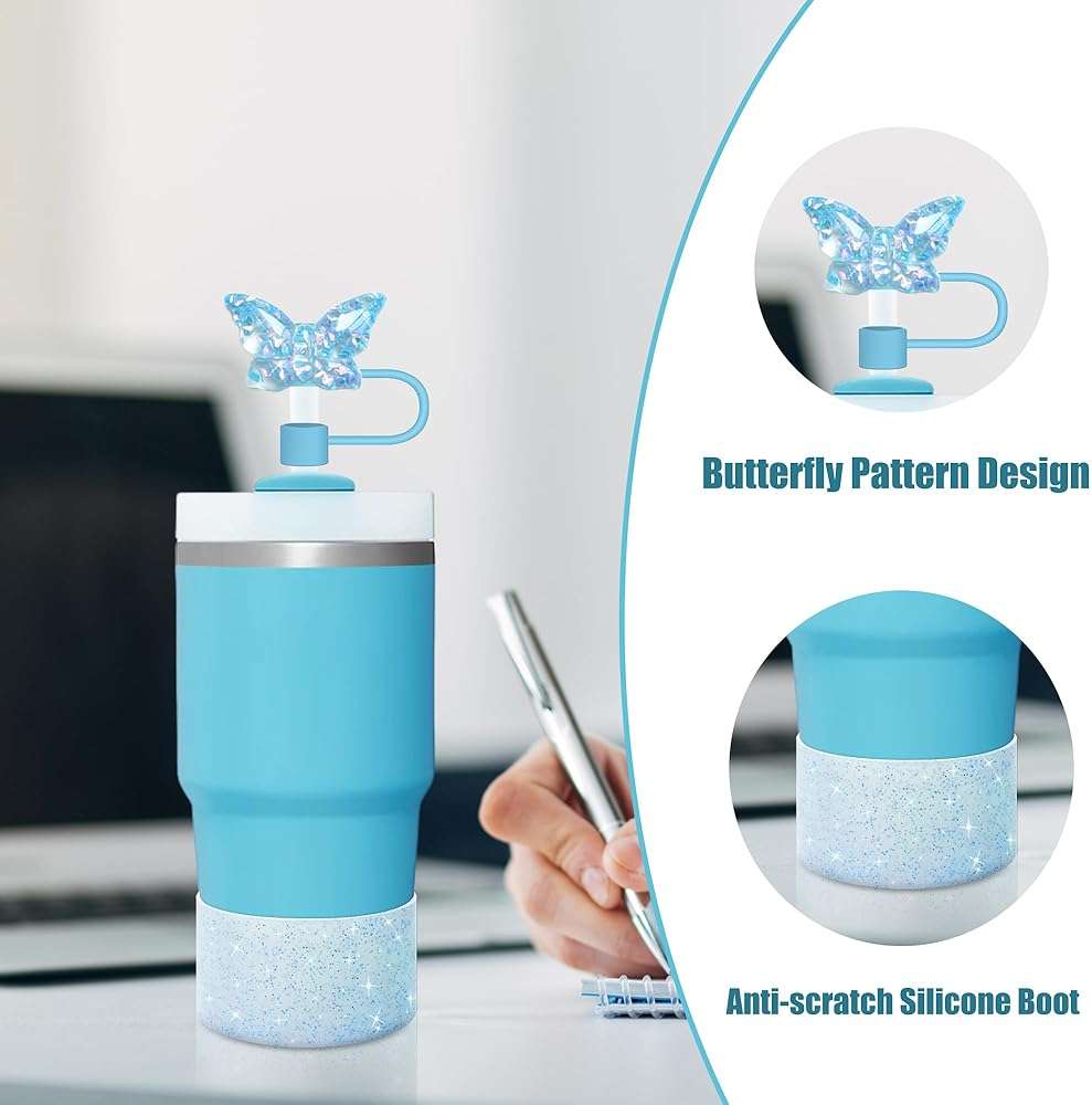 3PCS Butterfly Straw Topper Accessories for Stanley,Including 1pc Bling Straw cover for 30 40 oz Tumbler with Handle,1PC Shiny Boot and 1PC Charm Chain Decor for Water Bottle Personalized Tags(Blue) - Image 5