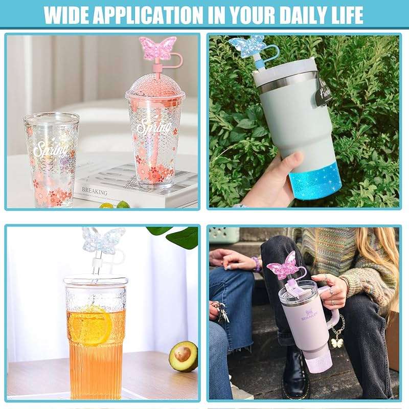3PCS Butterfly Straw Topper Accessories for Stanley,Including 1pc Bling Straw cover for 30 40 oz Tumbler with Handle,1PC Shiny Boot and 1PC Charm Chain Decor for Water Bottle Personalized Tags(Blue) - Image 7