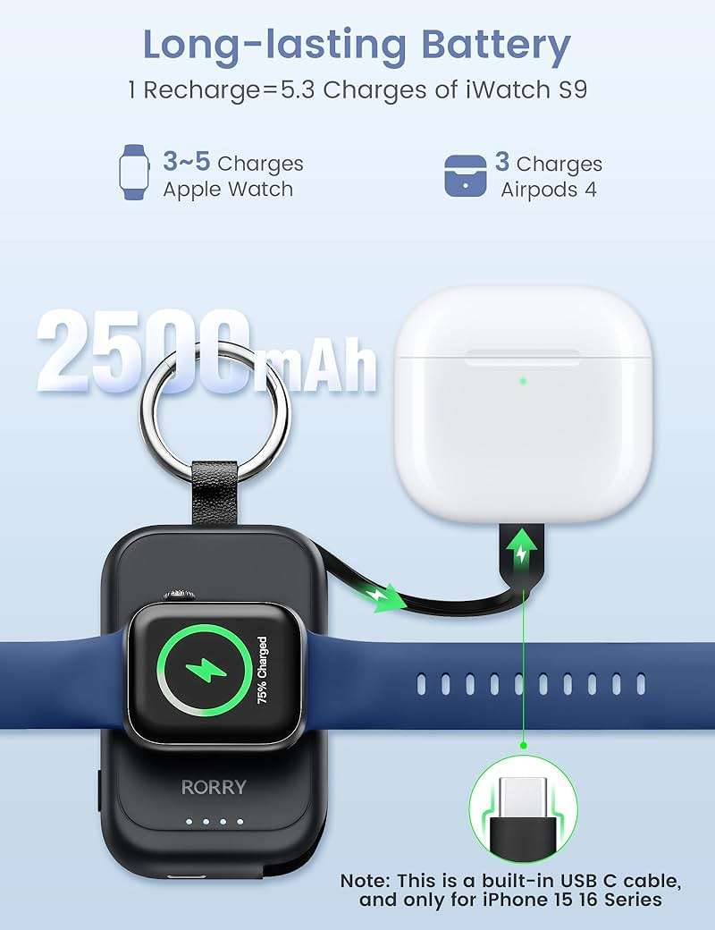RORRY CharmGo Charger for Apple Watch Series 10, 2500mAh Fast Charging Portable Charger for iWatch, Travel Charger with Built-in USB C Cable for Apple Watch Ultra Series 9 8 7 6 3 2 Accessories, Black - Image 3