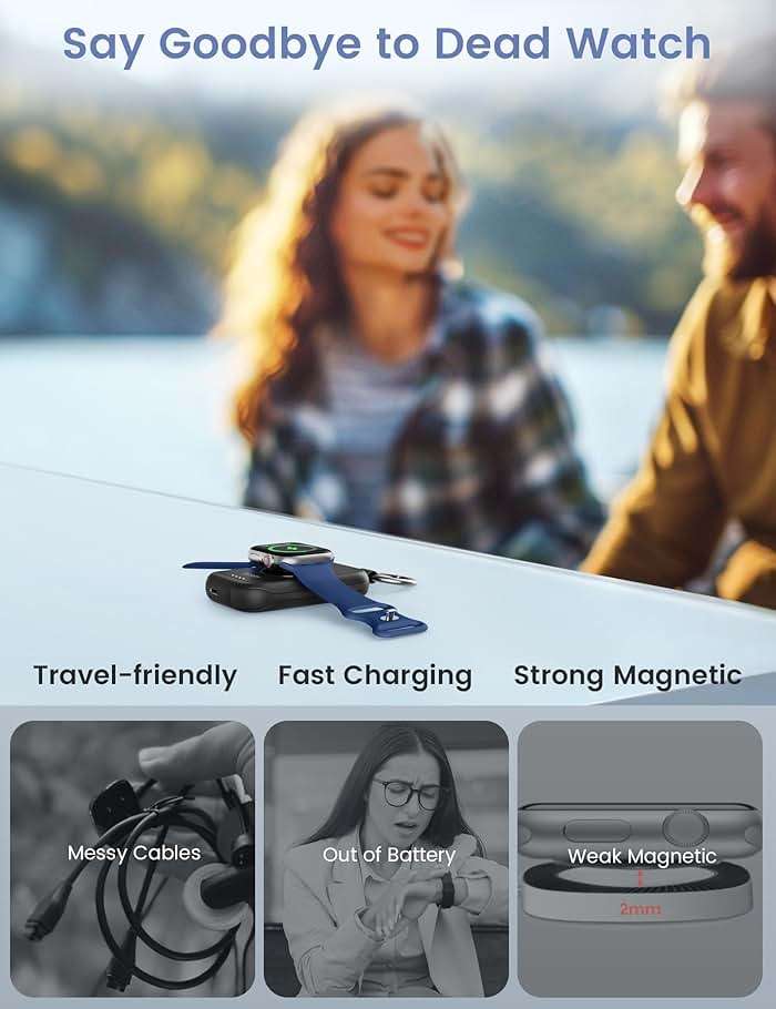 RORRY CharmGo Charger for Apple Watch Series 10, 2500mAh Fast Charging Portable Charger for iWatch, Travel Charger with Built-in USB C Cable for Apple Watch Ultra Series 9 8 7 6 3 2 Accessories, Black - Image 5