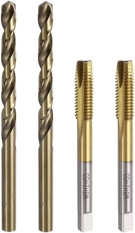 uxcell Metric Tap & Drill Bit Set, 2pcs M8 x 1.25 Spiral Point Thread Taps Titanium Coated and 2pcs 6.8mm Twist Drill Bits Roasted Yellow, Screw Tapping Threading Tools - Image 1