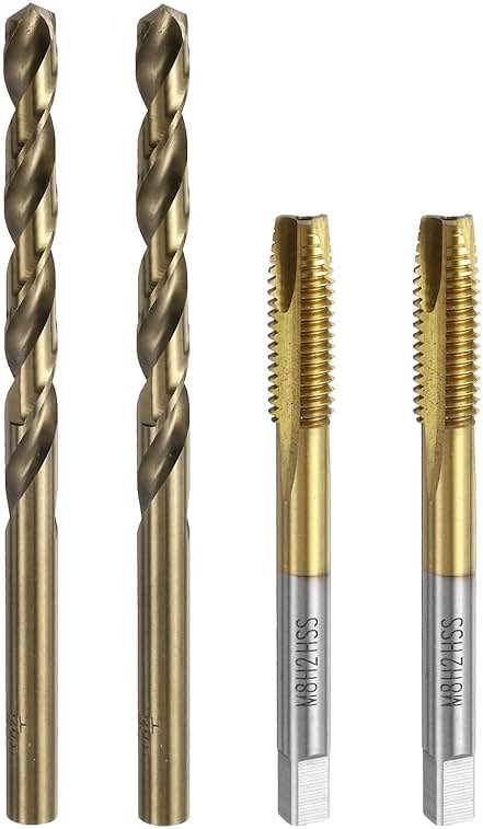 uxcell Metric Tap & Drill Bit Set, 2pcs M8 x 1.25 Spiral Point Thread Taps Titanium Coated and 2pcs 6.8mm Twist Drill Bits Roasted Yellow, Screw Tapping Threading Tools - Product Image