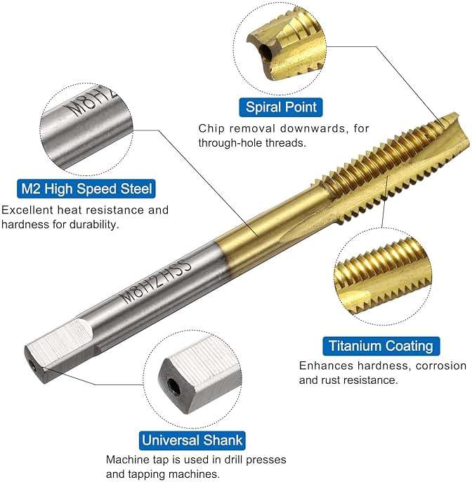 uxcell Metric Tap & Drill Bit Set, 2pcs M8 x 1.25 Spiral Point Thread Taps Titanium Coated and 2pcs 6.8mm Twist Drill Bits Roasted Yellow, Screw Tapping Threading Tools - Image 3