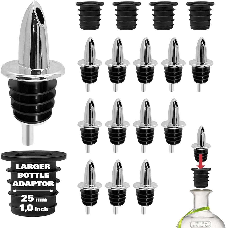 ESATTO 12 Pack Classic Chromed Bottle Pourers, Liquor Pourers for Alcohol, Olive Oil, Bartender Accessories Includes 4 Liquor Pourer Adapters for Large Neck Bottles such as Patron Don Julio Tequila - Product Image