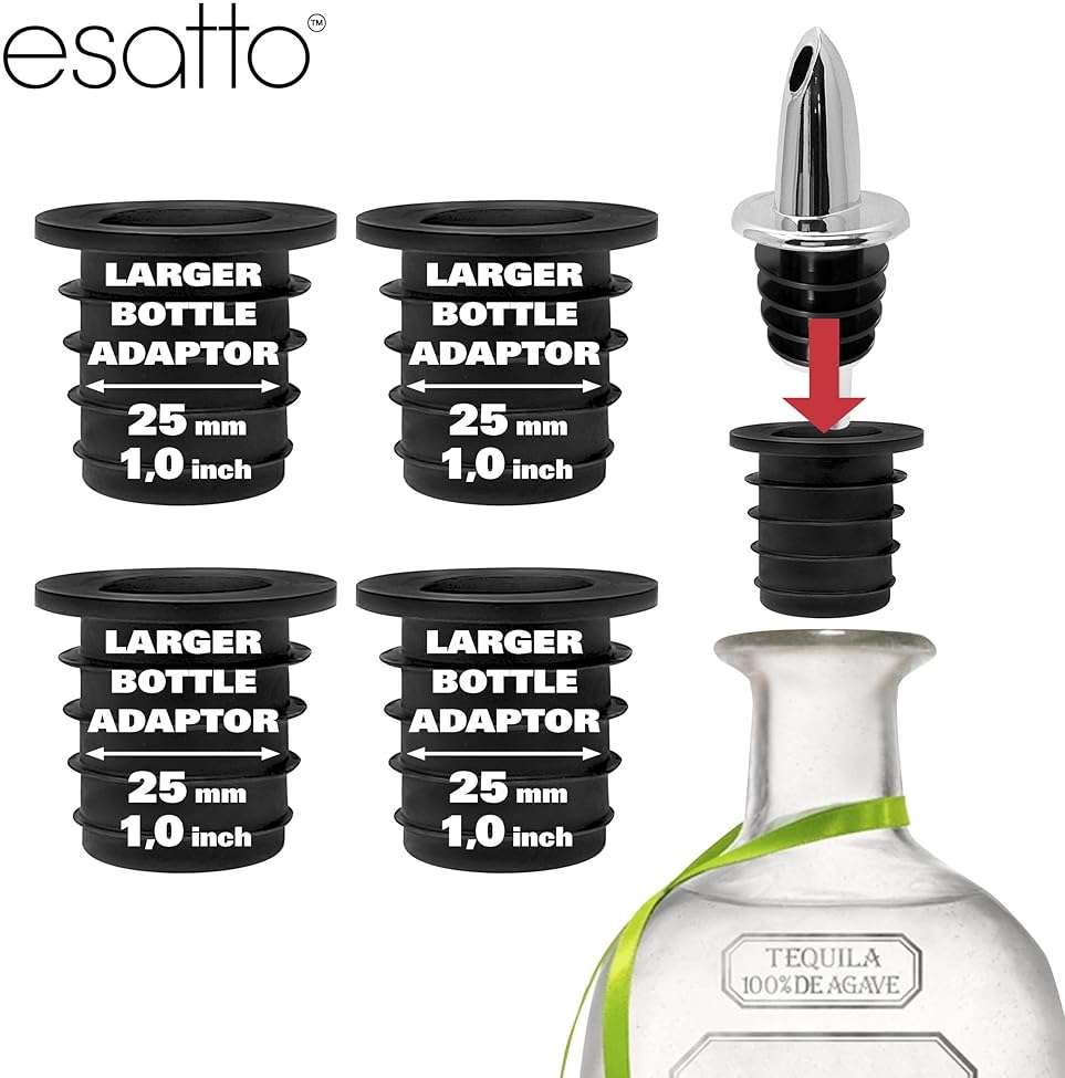ESATTO 12 Pack Classic Chromed Bottle Pourers, Liquor Pourers for Alcohol, Olive Oil, Bartender Accessories Includes 4 Liquor Pourer Adapters for Large Neck Bottles such as Patron Don Julio Tequila - Image 2