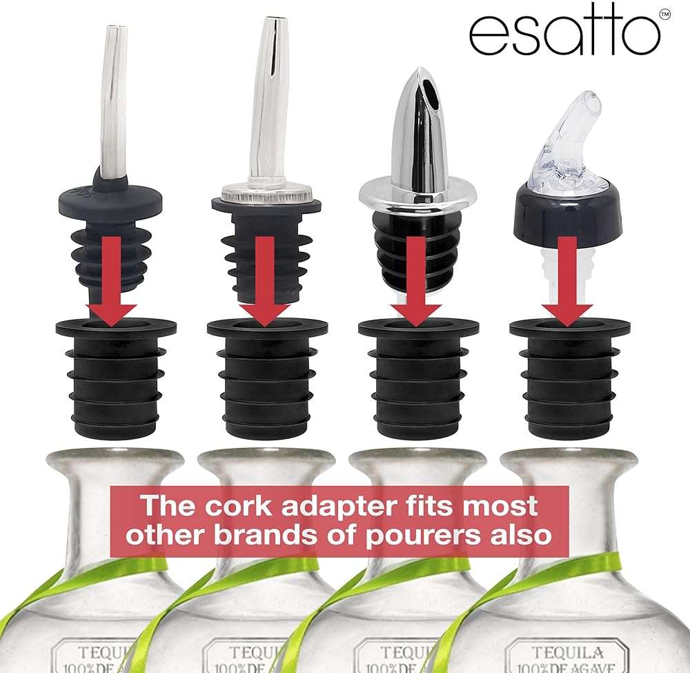 ESATTO 12 Pack Classic Chromed Bottle Pourers, Liquor Pourers for Alcohol, Olive Oil, Bartender Accessories Includes 4 Liquor Pourer Adapters for Large Neck Bottles such as Patron Don Julio Tequila - Image 3