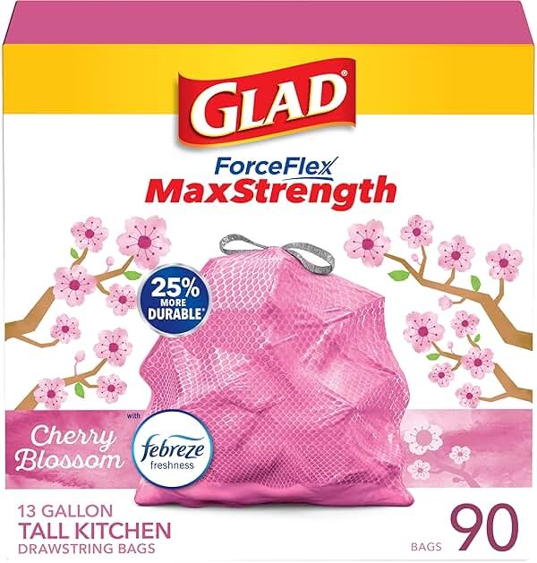 Glad Tall Kitchen Trash Bags 13 Gallon, MaxStrength Cherry Blossom Garbage Bags, Drawstring, 90 Count - Product Image