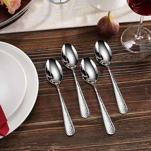 KEAWELL Premium 4-Piece Louise Hammered Spoons Set, 18/10 Stainless Steel, Set of 4, Fine Spoon Set with Round Edge, Dishwasher Safe (7.6" Dinner Spoons) - Image 2