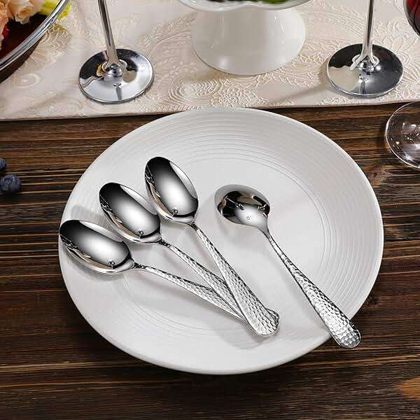 KEAWELL Premium 4-Piece Louise Hammered Spoons Set, 18/10 Stainless Steel, Set of 4, Fine Spoon Set with Round Edge, Dishwasher Safe (7.6" Dinner Spoons) - Image 4