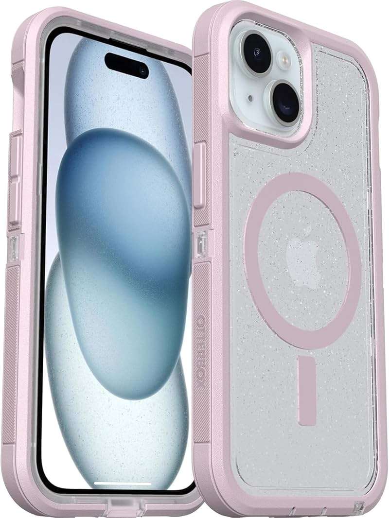 OtterBox iPhone 15, 14, 13, iPhone 17e, 16e Case - Defender Series XT - Built-in MagSafe - Rugged - Port Protection - Lanyard Attachment - Non-Retail Packaging - Clear/Stardust/Pink - Image 1