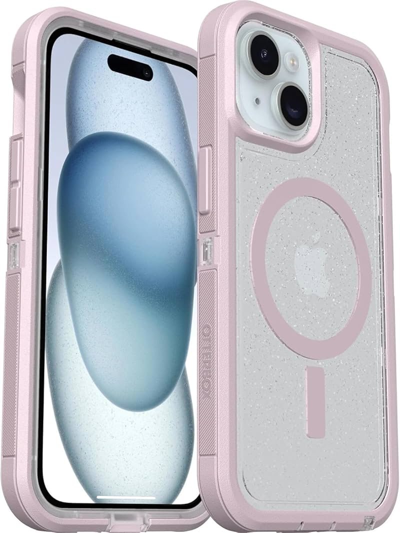 OtterBox iPhone 15, 14, 13, iPhone 17e, 16e Case - Defender Series XT - Built-in MagSafe - Rugged - Port Protection - Lanyard Attachment - Non-Retail Packaging - Clear/Stardust/Pink - Product Image