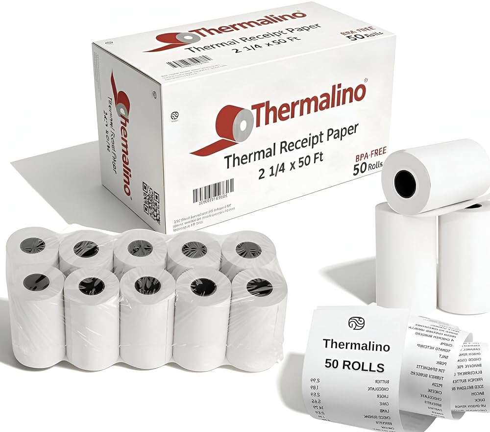 (50 Rolls) 2 1/4 X 50' BPA-Free Thermal Paper Receipt Rolls Fits All Mini Clover Flex, Square Terminal POS Cash Register Printers Paper For Credit and Debit Card Machine 57mm - Image 1