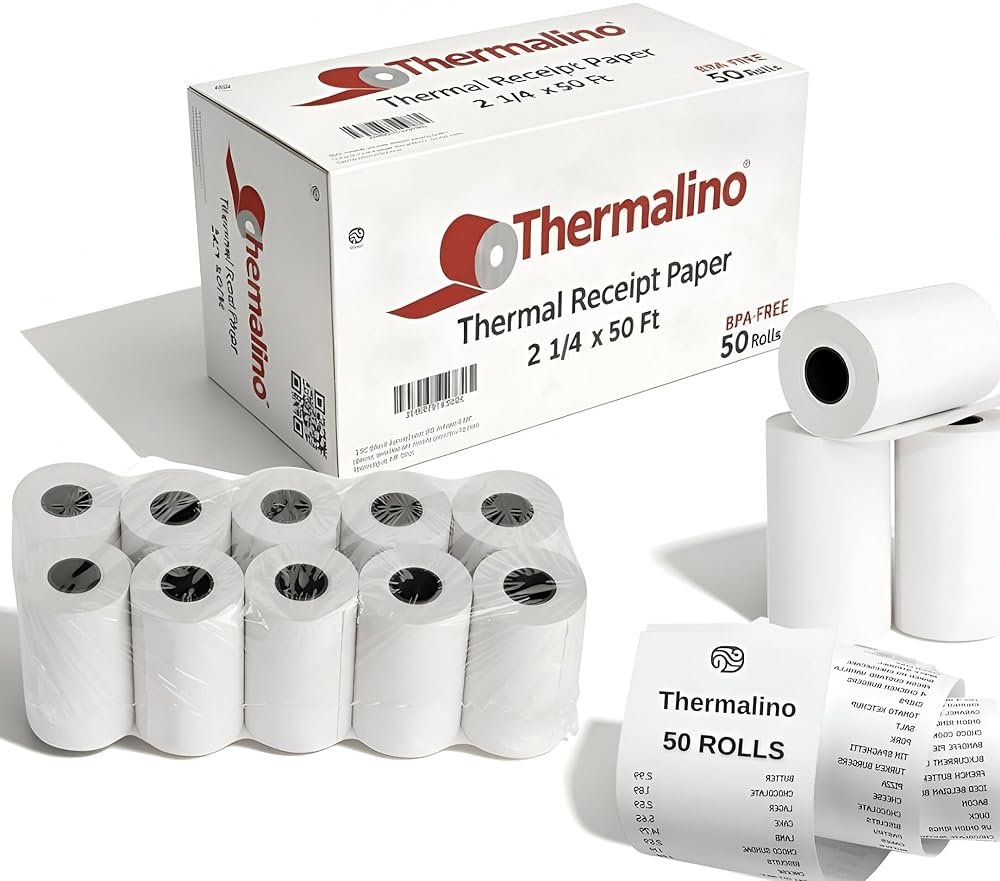 (50 Rolls) 2 1/4 X 50' BPA-Free Thermal Paper Receipt Rolls Fits All Mini Clover Flex, Square Terminal POS Cash Register Printers Paper For Credit and Debit Card Machine 57mm - Product Image