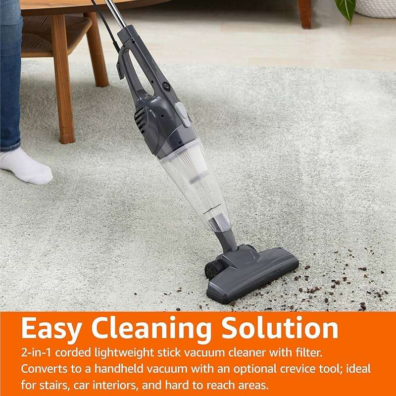 Amazon Basics 2-in-1 Corded Stick Vacuum Cleaner, Converts to Handheld, Lightweight (3.9 LBS), with Washable Filter, Crevice Tools, 0.5L Dust Cup, Self-Standing, 19.7-Ft Cord, 300W, Black - Image 6