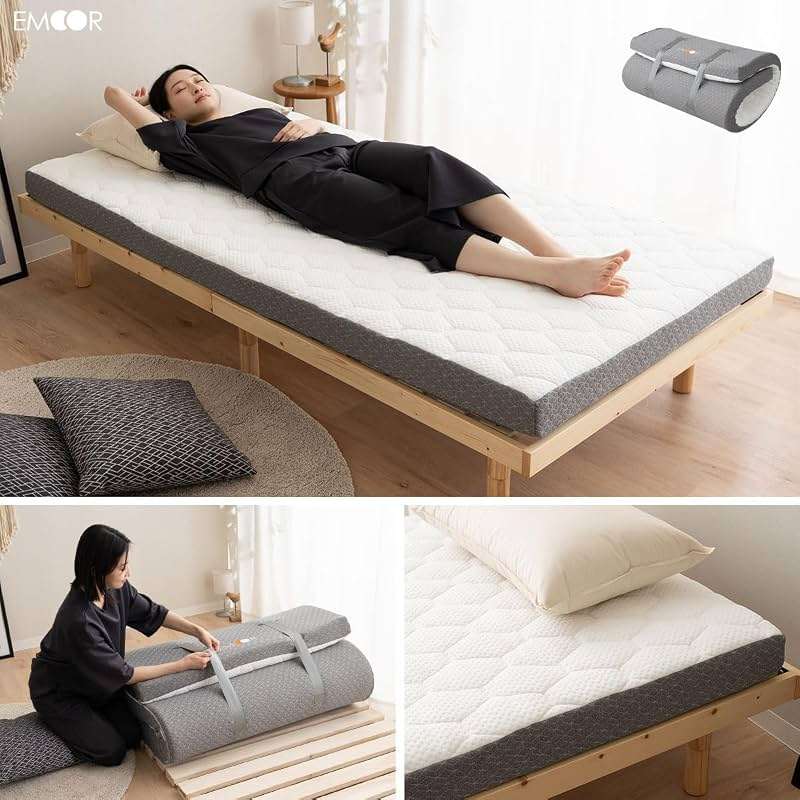 EMOOR Japanese Futon Mattress Roll-Type Relax-2 Small-Twin, High-Resilience Removable & Washable Cover Guest use Tatami Floor Sleeping Space-Saving Minimalist - Image 3