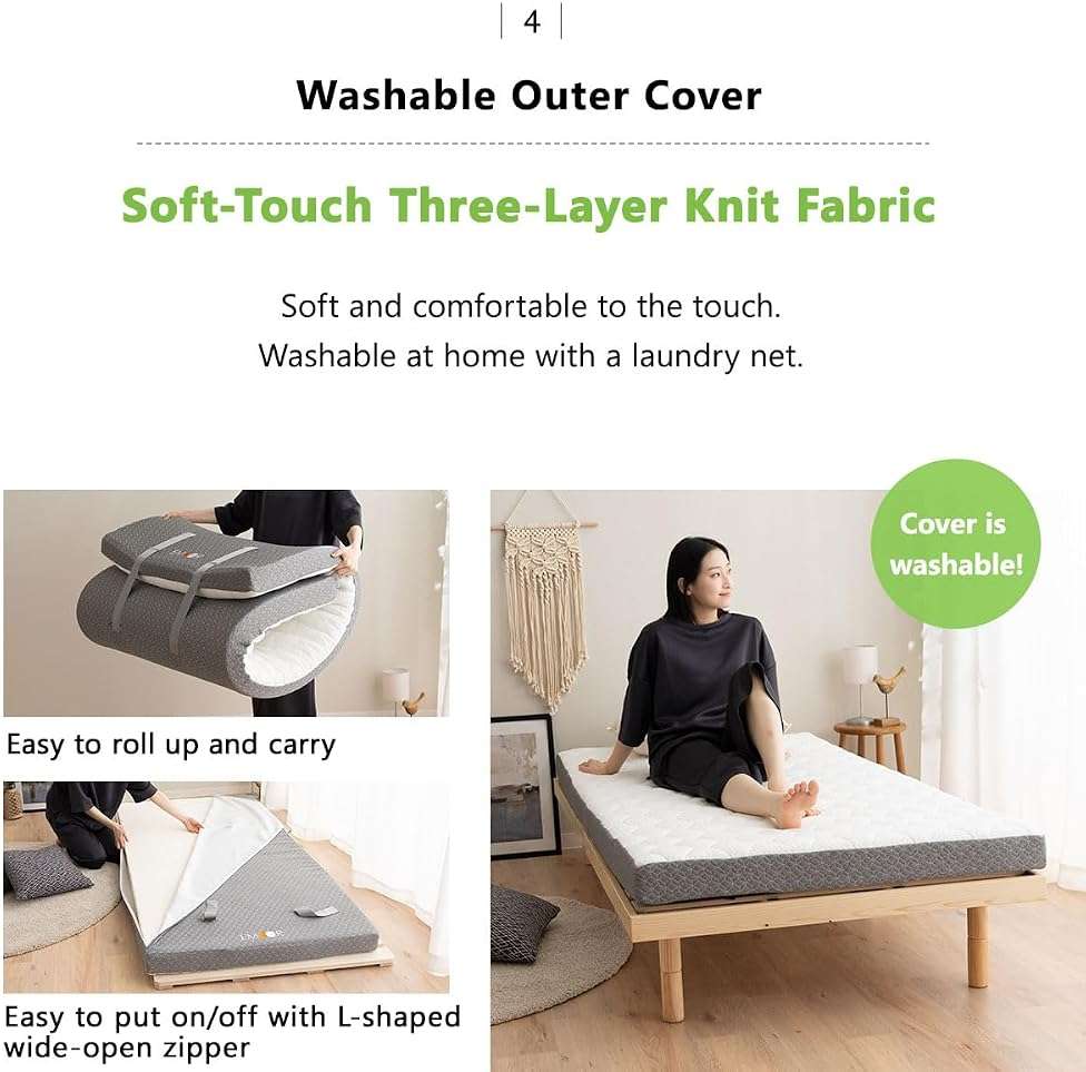 EMOOR Japanese Futon Mattress Roll-Type Relax-2 Small-Twin, High-Resilience Removable & Washable Cover Guest use Tatami Floor Sleeping Space-Saving Minimalist - Image 7