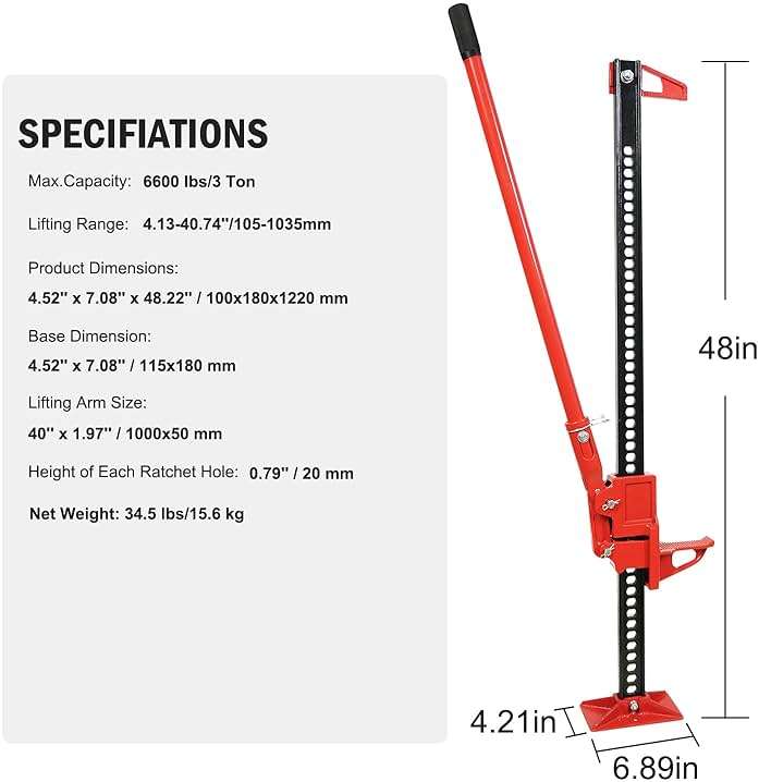 48" Ratcheting Off Road Utility Farm Jack, 3 Ton (6,600 Lb) Capacity Farm Jack Ideal for Car/Truck/ATV/SUV/Tractor - Image 2