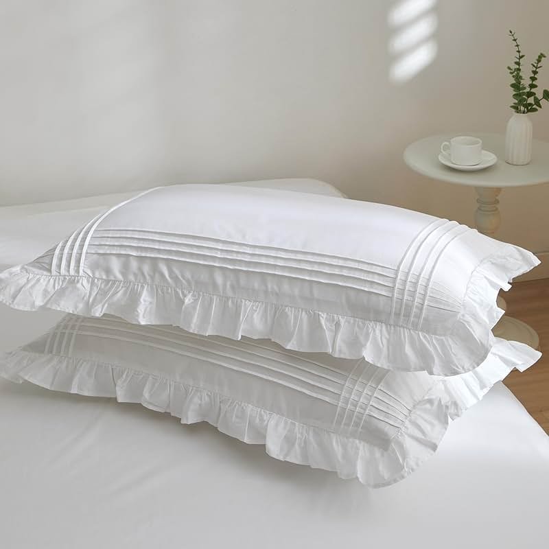 Ranznaz Ruffled Pillow Shams Standard Size Set of 2, 100% Cotton White Ruffle Pillow Cases with Pintucks, Farmhouse French Shabby Chic Pillowcases for Bedding, 20x26 Inch - Product Image