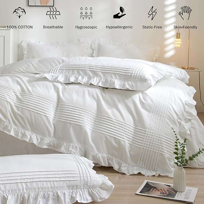 Ranznaz Ruffled Pillow Shams Standard Size Set of 2, 100% Cotton White Ruffle Pillow Cases with Pintucks, Farmhouse French Shabby Chic Pillowcases for Bedding, 20x26 Inch - Image 3