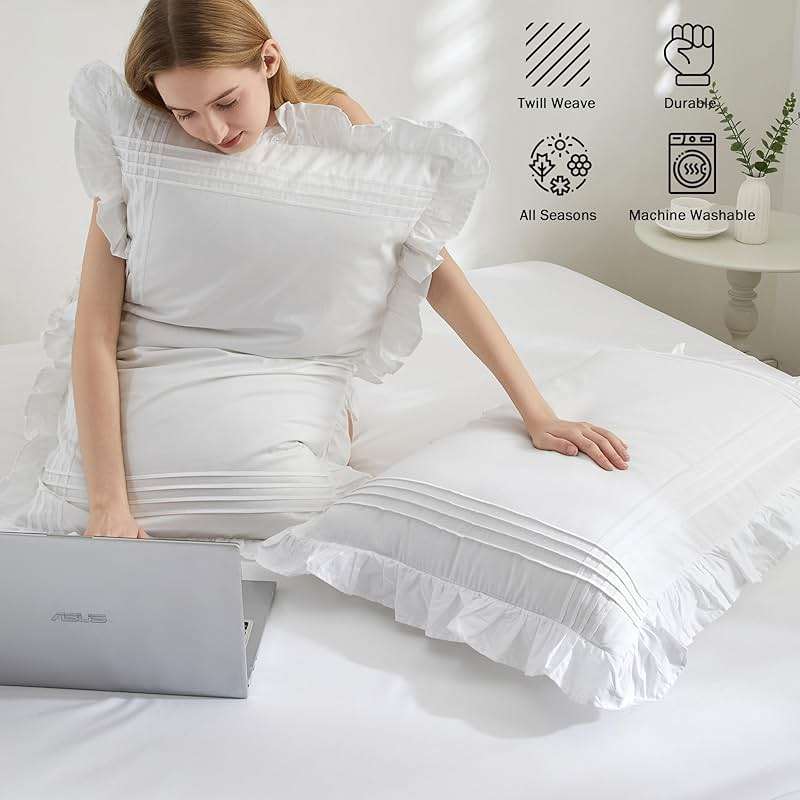 Ranznaz Ruffled Pillow Shams Standard Size Set of 2, 100% Cotton White Ruffle Pillow Cases with Pintucks, Farmhouse French Shabby Chic Pillowcases for Bedding, 20x26 Inch - Image 4